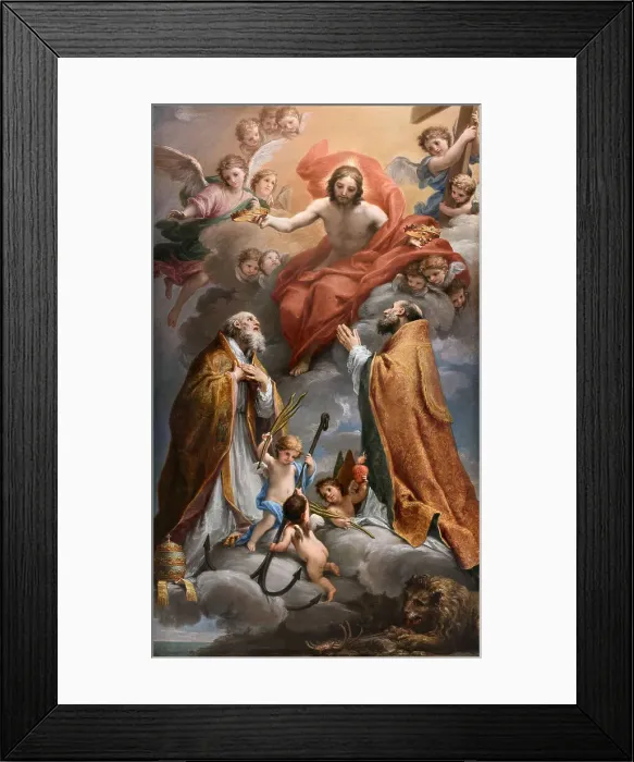 Framed Print : Christ in glory with Saints Clement and Ignatius of Antioch, End of 17th cen.. Creator: Mancini; Francesco (1679-1758) Framed Print : Christ in glory with Saints Clement and Ignatius of Antioch, End of 17th cen.. Creator: Mancini; Francesco (1679-1758)