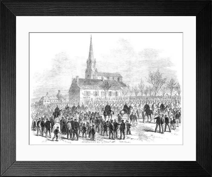 Framed Print : The Strike at the Creuzot Ironworks: arrival of the Lancers, 1870. Creator: Unknown Framed Print : The Strike at the Creuzot Ironworks: arrival of the Lancers, 1870. Creator: Unknown