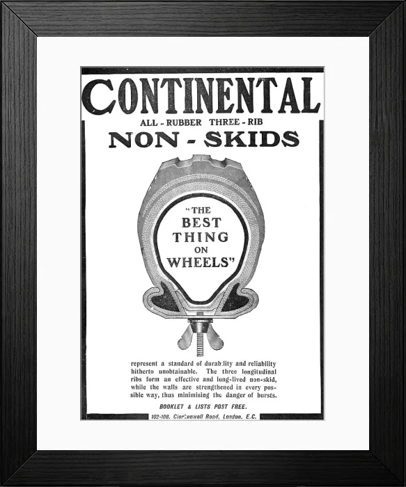 Framed Print : Continental all-rubber three-rib non-skids: the Best Thing on Wheels, 1909. Creator: Unknown Framed Print : Continental all-rubber three-rib non-skids: the Best Thing on Wheels, 1909. Creator: Unknown