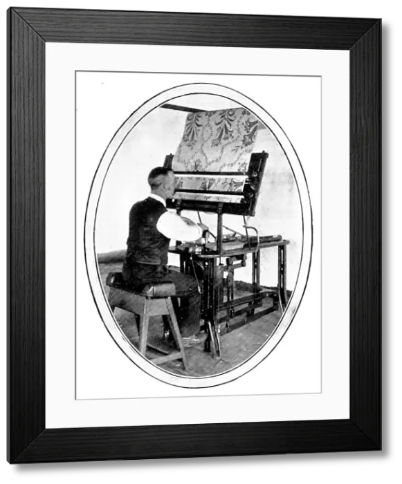 Framed Print : A preliminary to the weaving of figured goods: transferring a design to jacquard cards, 1909. Creator: Unknown Framed Print : A preliminary to the weaving of figured goods: transferring a design to jacquard cards, 1909. Creator: Unknown