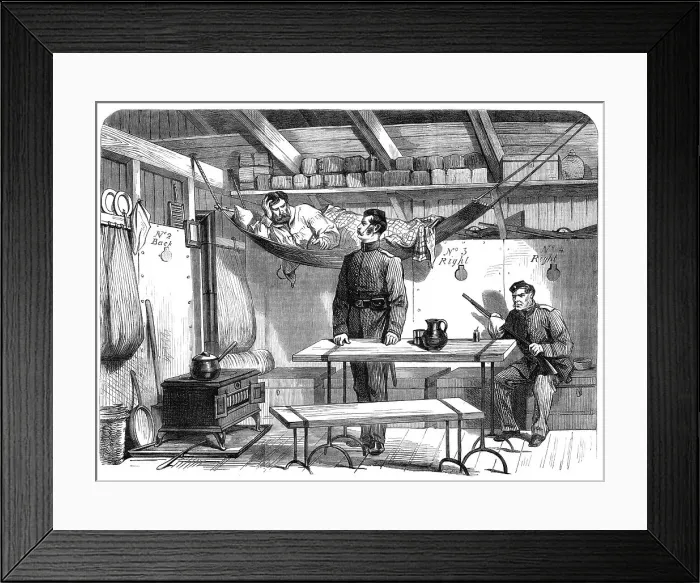 Framed Print : Sketches From Ireland: interior of portable hut for police in Mayo, 1870. Creator: Unknown Framed Print : Sketches From Ireland: interior of portable hut for police in Mayo, 1870. Creator: Unknown