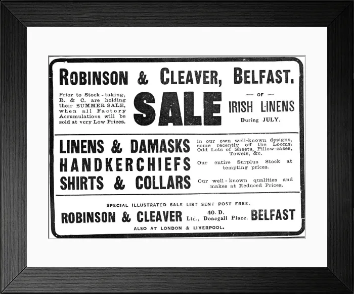 Framed Print : Robinson & Cleaver, Belfast - sale of Irish linens, 1909. Creator: Unknown Framed Print : Robinson & Cleaver, Belfast - sale of Irish linens, 1909. Creator: Unknown
