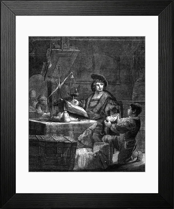 Framed Print : The Gold-Weigher, etching by Rembrandt, 1870. Creator: Unknown Framed Print : The Gold-Weigher, etching by Rembrandt, 1870. Creator: Unknown