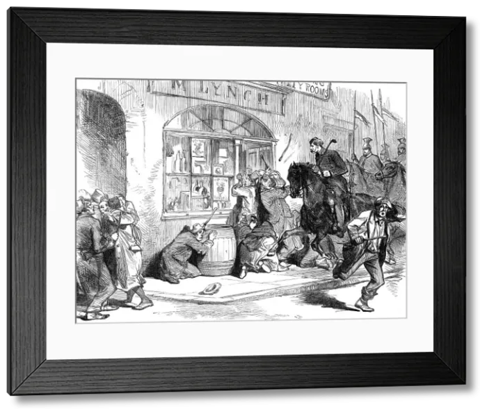 Framed Print : Sketches from Ireland: Lancers clearing the street of Granard at the Longford Election, 1870. Creator: Unknown Framed Print : Sketches from Ireland: Lancers clearing the street of Granard at the Longford Election, 1870. Creator: Unknown