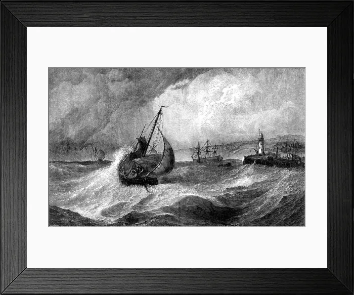 Framed Print : Freshening Gale, Scarborough: Fishing-Boats returning to Harbour, by E. Hayes... 1871. Creator: J Greenaway Framed Print : Freshening Gale, Scarborough: Fishing-Boats returning to Harbour, by E. Hayes... 1871. Creator: J Greenaway
