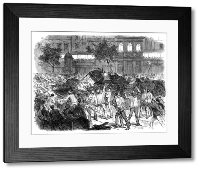 Framed Print : The Disturbances in Paris:mob attempting to construct a barricade...Boulevard Montmartre... 1869 Creator: Unknown Framed Print : The Disturbances in Paris:mob attempting to construct a barricade...Boulevard Montmartre... 1869 Creator: Unknown