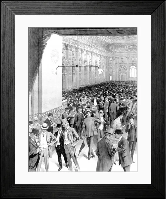 Framed Print : The most silent business men: in the Exchange at its busiest hour, 1909. Creator: Samuel Begg Framed Print : The most silent business men: in the Exchange at its busiest hour, 1909. Creator: Samuel Begg