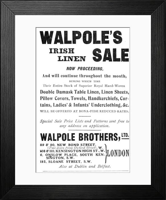 Framed Print : Walpole's Irish Linen Sale, 1909. Creator: Unknown Framed Print : Walpole's Irish Linen Sale, 1909. Creator: Unknown