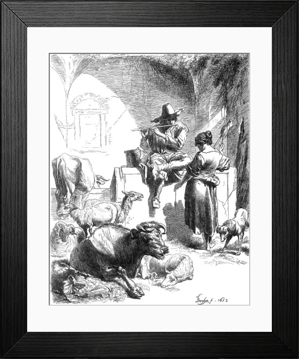 Framed Print : Shepherd Seated at a Fountain, facsimile of an etching by Berghem, 1870. Creator: Unknown