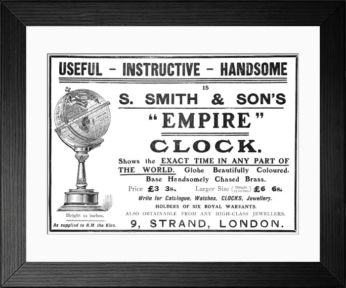 Framed Print : Useful - Instructive - Handsome is S. Smith & Son's Empire Clock, 1909. Creator: Unknown