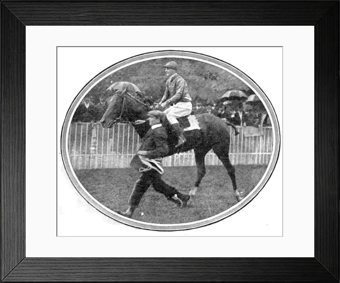Framed Print : Leading in the winner of the Grand Prix, Baron M. de Rothschild's Verdun (M. Barat up), 1909. Creator: Topical Press Agency Framed Print : Leading in the winner of the Grand Prix, Baron M. de Rothschild's Verdun (M. Barat up), 1909. Creator: Topical Press Agency