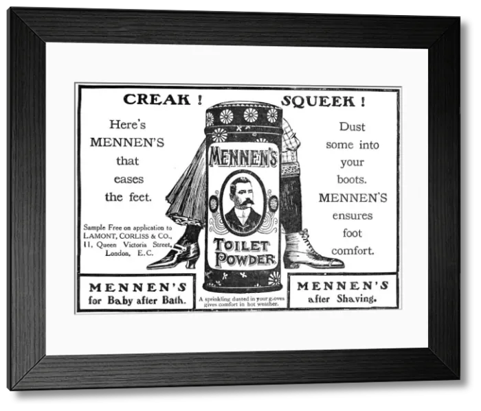 Framed Print : Creak! Squeek! Mennen's Toilet Powder - dust some into your boots, 1909. Creator: Unknown Framed Print : Creak! Squeek! Mennen's Toilet Powder - dust some into your boots, 1909. Creator: Unknown
