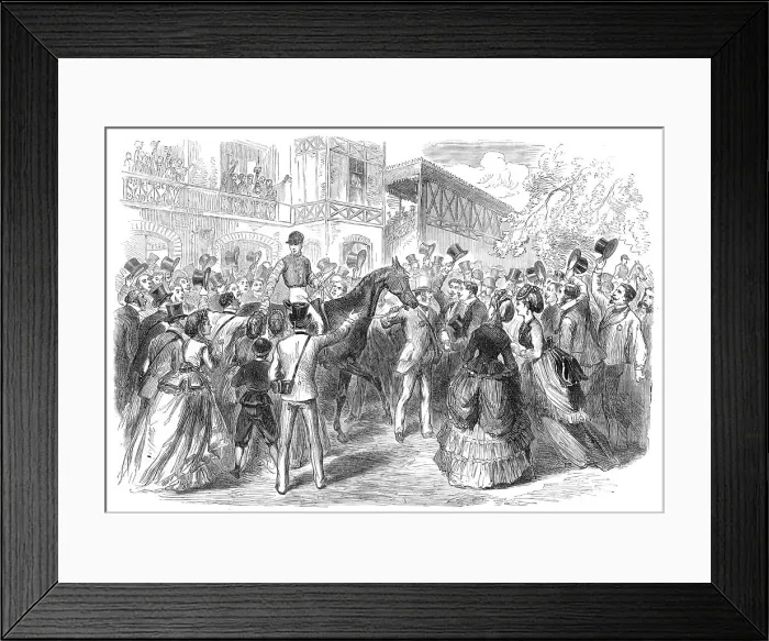 Framed Print : The Race for the Grand Prix de Paris: the winner led to the weighing place, 1870. Creator: Unknown Framed Print : The Race for the Grand Prix de Paris: the winner led to the weighing place, 1870. Creator: Unknown