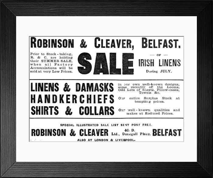 Framed Print : Robinson & Cleaver, Belfast - sale of Irish linens, 1909. Creator: Unknown Framed Print : Robinson & Cleaver, Belfast - sale of Irish linens, 1909. Creator: Unknown