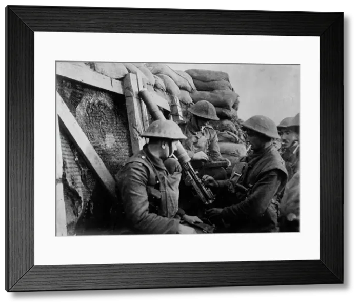 Framed Print : Machine gun in front line trench, between c1915 and c1920. Creator: Bain News Service