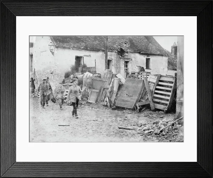 Framed Print : Street barricade in French town, between 1914 and c1915. Creator: Bain News Service Framed Print : Street barricade in French town, between 1914 and c1915. Creator: Bain News Service