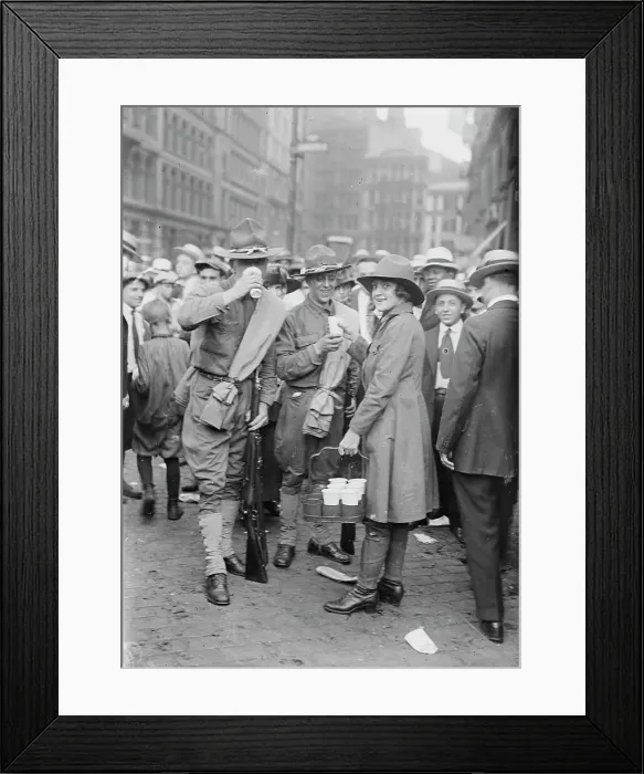Framed Print : Emma Rencken watering soldiers, between c1915 and c1920. Creator: Bain News Service Framed Print : Emma Rencken watering soldiers, between c1915 and c1920. Creator: Bain News Service