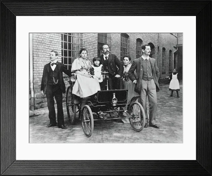 Framed Print : Carl Benz with his family at his Benz Velo in the Mannheim factory yard, 1894. Creator: Anonymous Framed Print : Carl Benz with his family at his Benz Velo in the Mannheim factory yard, 1894. Creator: Anonymous
