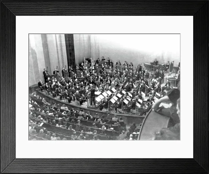 Framed Print : The Kuybyshev première of Shostakovich's Symphony No. 7 on March 5, 1942 by the Bolshoi... 1942. Creator: Anonymous Framed Print : The Kuybyshev première of Shostakovich's Symphony No. 7 on March 5, 1942 by the Bolshoi... 1942. Creator: Anonymous