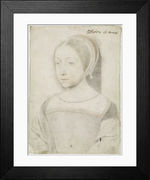 Framed Print : Portrait of Renée of France (1510-1574), Duchess of Ferrara, 1519. Creator: Clouet, Jean (c. 1485-1541) Framed Print : Portrait of Renée of France (1510-1574), Duchess of Ferrara, 1519. Creator: Clouet, Jean (c. 1485-1541)