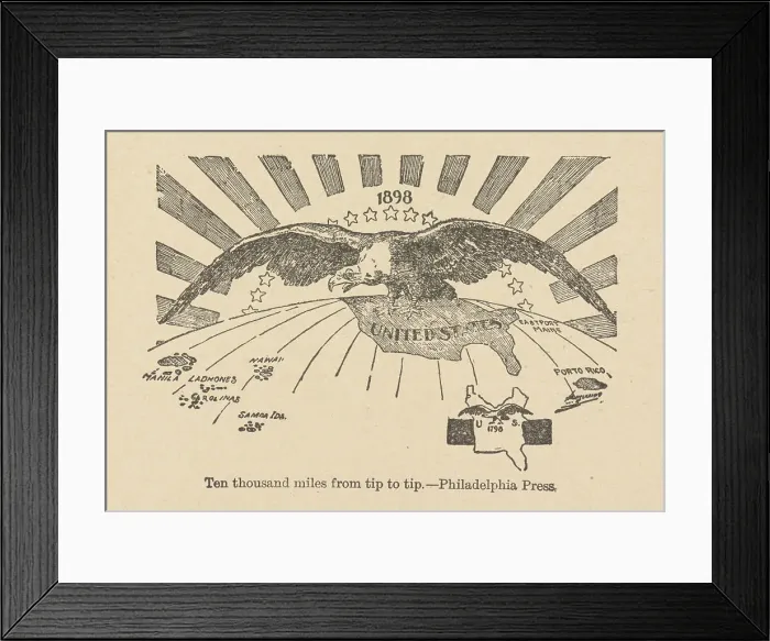 Framed Print : Ten thousand miles from tip to tip, the American Eagle spreads his wings from the... 1898. Creator: Anonymous Framed Print : Ten thousand miles from tip to tip, the American Eagle spreads his wings from the... 1898. Creator: Anonymous