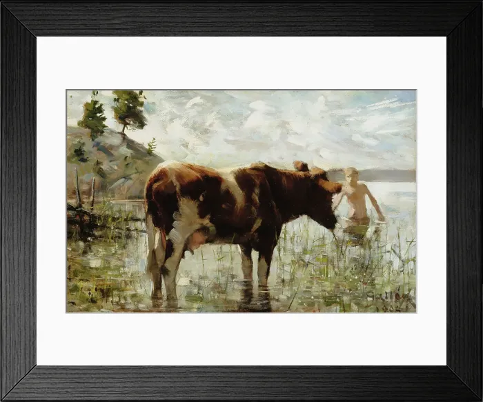Framed Print : Cow and Boy, 1885. Creator: Akseli Gallen-Kallela Framed Print : Cow and Boy, 1885. Creator: Akseli Gallen-Kallela