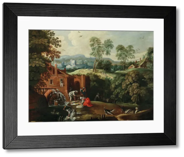 Framed Print : Peasants panning for gold in a river, 17th century. Creator: Anonymous