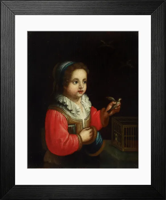 Framed Print : A girl with a birdcage, 1800-1899. Creator: Unknown Framed Print : A girl with a birdcage, 1800-1899. Creator: Unknown