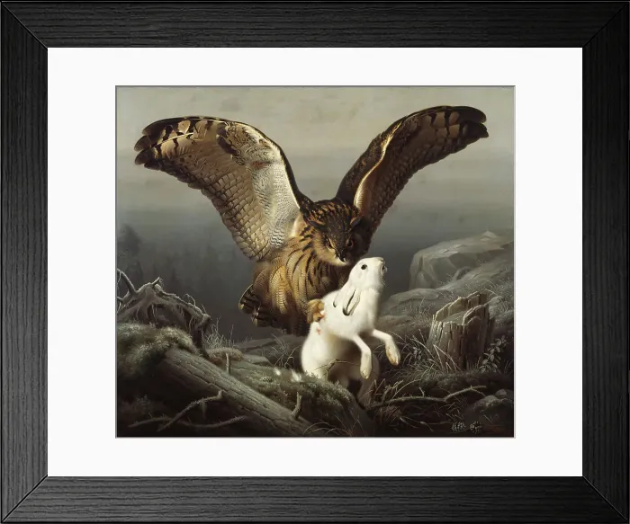 Framed Print : An Eagle-Owl Seizes a Hare, 1860. Creator: Ferdinand von Wright Framed Print : An Eagle-Owl Seizes a Hare, 1860. Creator: Ferdinand von Wright