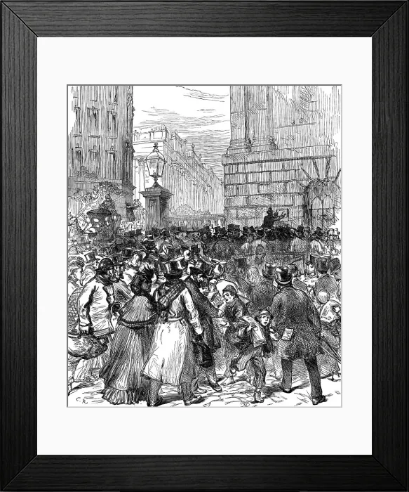 Framed Print : Illness of the Prince of Wales: posting the bulletin at the Mansion House, 1871. Creator: Unknown Framed Print : Illness of the Prince of Wales: posting the bulletin at the Mansion House, 1871. Creator: Unknown