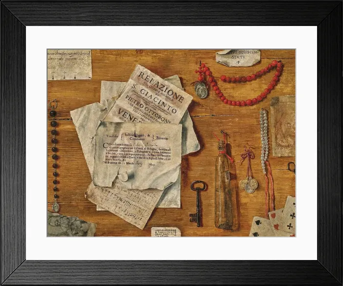Framed Print : Trompe-l'oeil with several sheets of paper, a key, playing cards and objects attached to a... 1711. Creator: Bordoni, Egidio Maria (active End of 17th-Early 18th cen.) Framed Print : Trompe-l'oeil with several sheets of paper, a key, playing cards and objects attached to a... 1711. Creator: Bordoni, Egidio Maria (active End of 17th-Early 18th cen.)