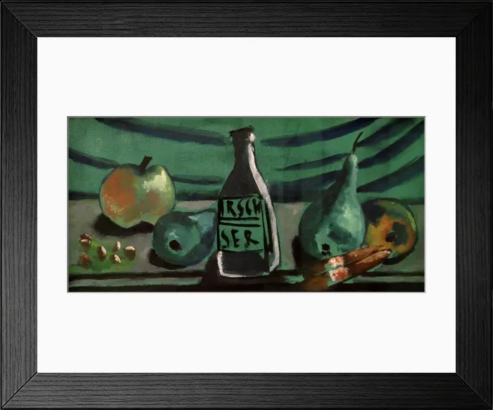 Framed Print : Still life with apple and pear (Still life with kirsch bottle), 1928. Creator: Beckmann, Max (1884-1950)