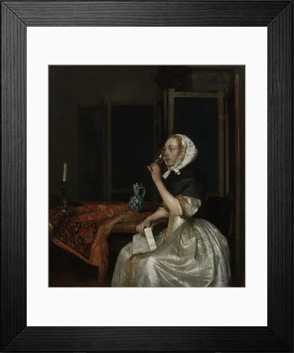 Framed Print : Young woman with a glass of wine, holding a letter in her hand, c1665. Creator: Gerard Terborch II Framed Print : Young woman with a glass of wine, holding a letter in her hand, c1665. Creator: Gerard Terborch II