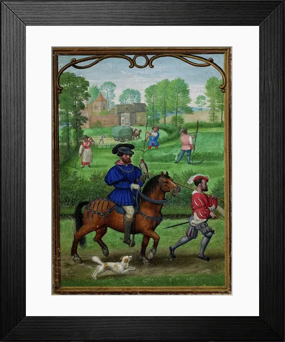 Framed Print : The Hours of Hennessy (Hours of Notre-Dame). Labors of the Months: July, c1530. Creator: Bening, Simon, (Workshop) (ca 1483-1561) Framed Print : The Hours of Hennessy (Hours of Notre-Dame). Labors of the Months: July, c1530. Creator: Bening, Simon, (Workshop) (ca 1483-1561)