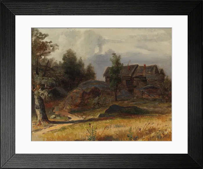 Framed Print : Gray log building in the landscape. Creator: Johan Knutson Framed Print : Gray log building in the landscape. Creator: Johan Knutson