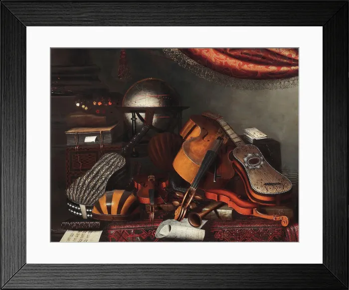 Framed Print : Musical instruments, a globe, books, playing cards and a painter's palette. Creator: Bettera, Bartolomeo (1639-c. 1688) Framed Print : Musical instruments, a globe, books, playing cards and a painter's palette. Creator: Bettera, Bartolomeo (1639-c. 1688)