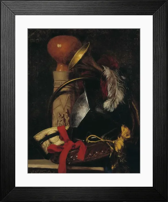 Framed Print : Still life with chalice, horn, feathers and belt, 1864. Creator: Ivar Kaskas Framed Print : Still life with chalice, horn, feathers and belt, 1864. Creator: Ivar Kaskas
