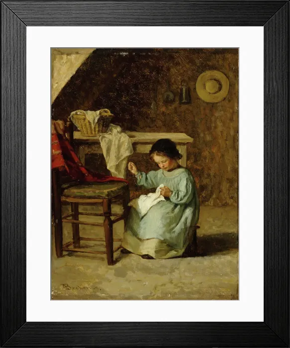 Framed Print : Girl Sewing, 1869. Creator: Adolf von Becker Framed Print : Girl Sewing, 1869. Creator: Adolf von Becker