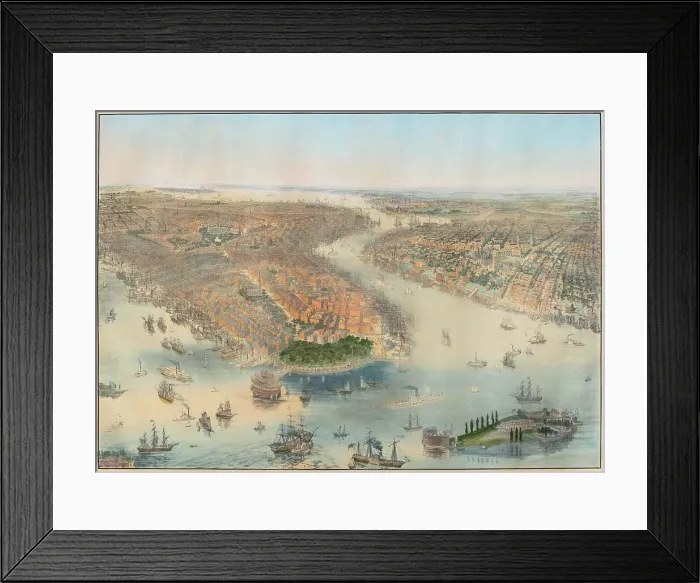 Framed Print : Bird's-eye view of New York City from the West, with Manhattan, and Brooklyn to the East, 1851. Creator: Bachmann, John (1814-1896) Framed Print : Bird's-eye view of New York City from the West, with Manhattan, and Brooklyn to the East, 1851. Creator: Bachmann, John (1814-1896)