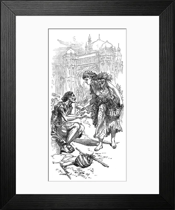 Framed Print : The flower-girl gave him a piece of bread, with three large dates, 1871. Creator: Unknown Framed Print : The flower-girl gave him a piece of bread, with three large dates, 1871. Creator: Unknown