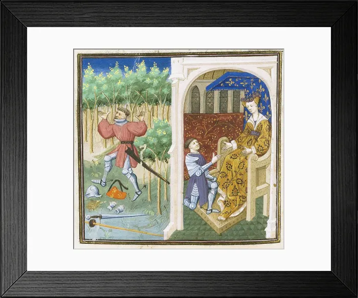 Framed Print : Tristan en prose. MS 648 (0404): Folie de Tristan - Iseut demandant à Fergus de retrouver... c1455. Creator: Dunois Master, (Maître de Dunois) (active 1430-1465) Framed Print : Tristan en prose. MS 648 (0404): Folie de Tristan - Iseut demandant à Fergus de retrouver... c1455. Creator: Dunois Master, (Maître de Dunois) (active 1430-1465)