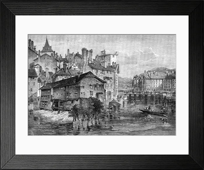 Framed Print : Old tanneries on the Rhone, Geneva, 1871. Creator: Unknown Framed Print : Old tanneries on the Rhone, Geneva, 1871. Creator: Unknown