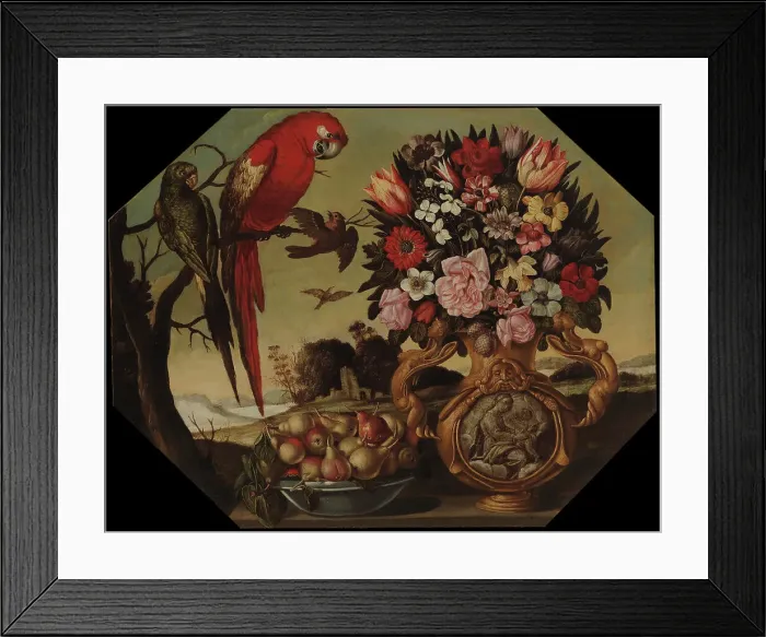 Framed Print : Flowers and parrots, c1700. Creator: Unknown Framed Print : Flowers and parrots, c1700. Creator: Unknown