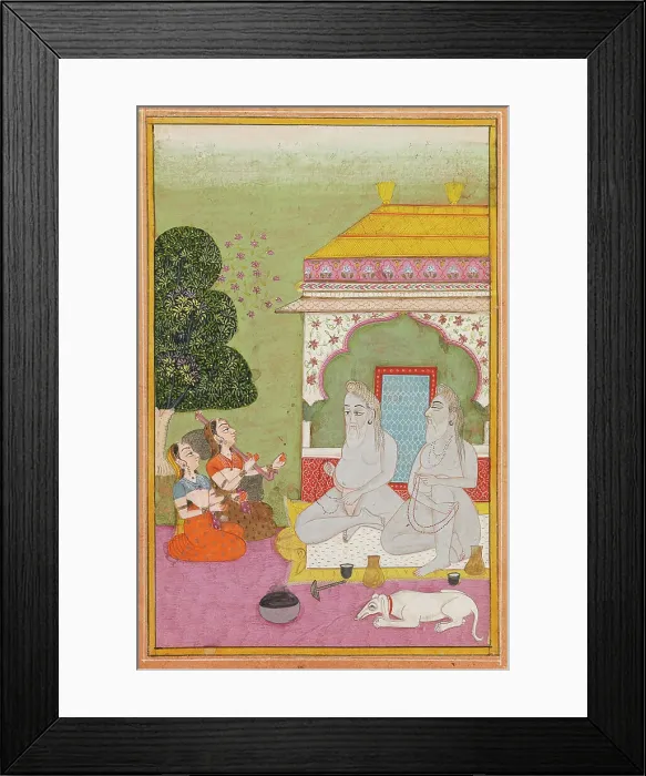 Framed Print : Two women playing for two holy men (sadhus), c1800. Creator: Unknown Framed Print : Two women playing for two holy men (sadhus), c1800. Creator: Unknown