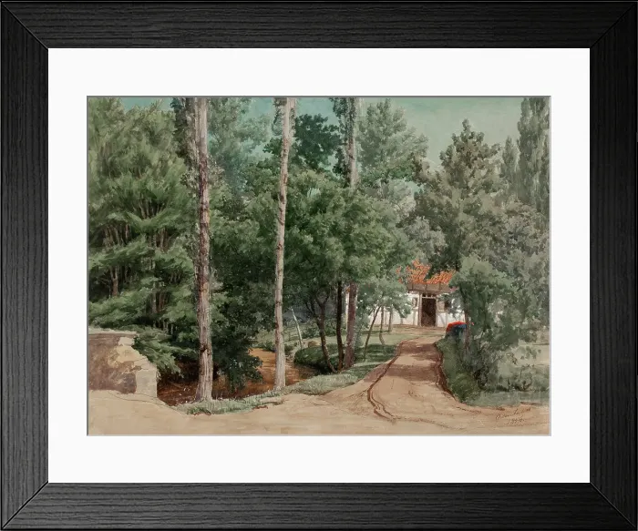 Framed Print : Timber framed building surrounded by deciduous forest, 1856. Creator: Werner Holmberg Framed Print : Timber framed building surrounded by deciduous forest, 1856. Creator: Werner Holmberg