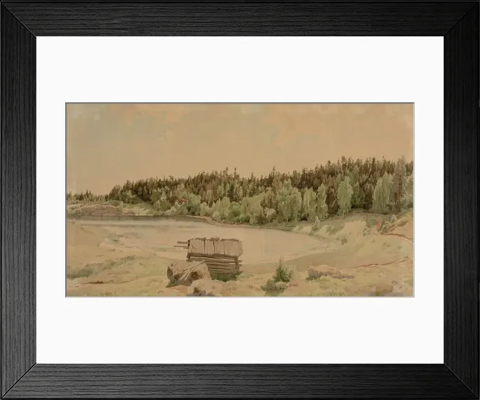 Framed Print : Järvenlahti landscape, an old barn in the foreground and a wooded shore in the background, 1857. Creator: Werner Holmberg Framed Print : Järvenlahti landscape, an old barn in the foreground and a wooded shore in the background, 1857. Creator: Werner Holmberg