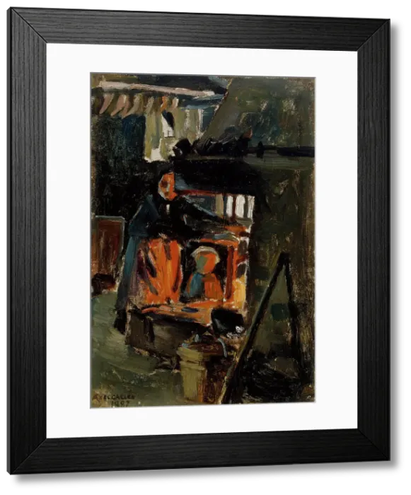 Framed Print : By the stove, from the interior of the hut, 1887. Creator: Akseli Gallen-Kallela Framed Print : By the stove, from the interior of the hut, 1887. Creator: Akseli Gallen-Kallela