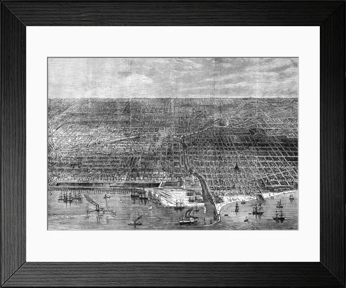 Framed Print : The Great Fire at Chicago: bird's-eye view of the city, 1871. Creator: Unknown Framed Print : The Great Fire at Chicago: bird's-eye view of the city, 1871. Creator: Unknown