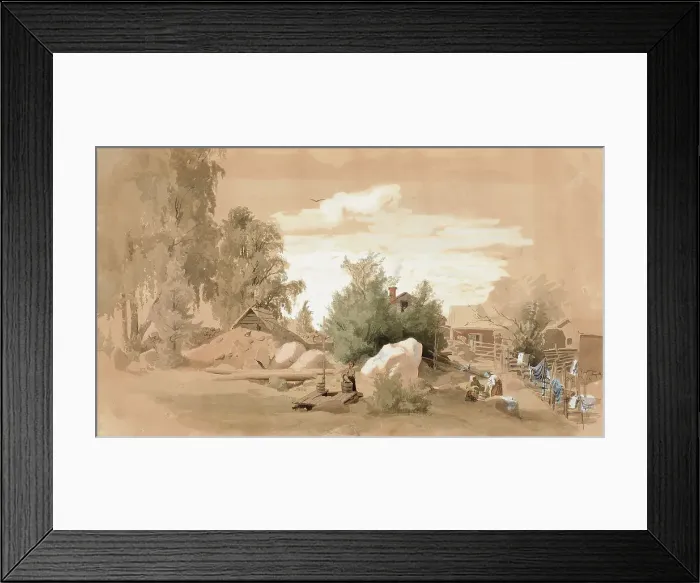 Framed Print : The yard of the house, women washing clothes in Tuomarinkyla, 1859. Creator: Werner Holmberg Framed Print : The yard of the house, women washing clothes in Tuomarinkyla, 1859. Creator: Werner Holmberg