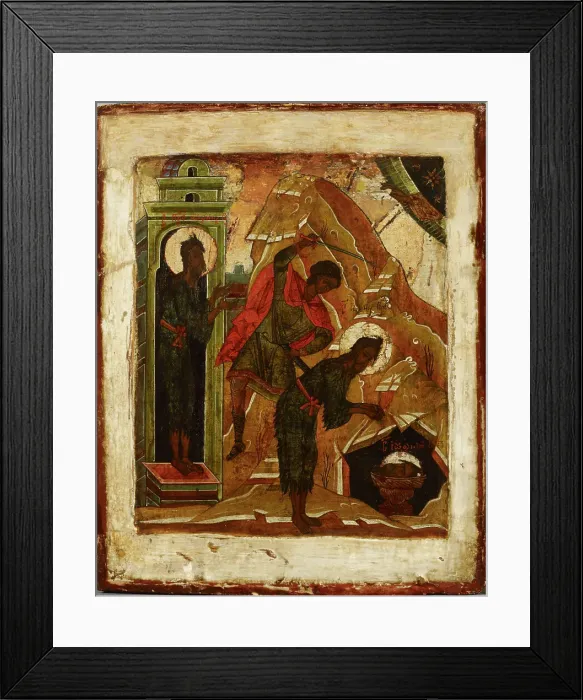 Framed Print : The Decapitation of St. John the Baptist, Russian icon, 1500-1599. Creator: Unknown